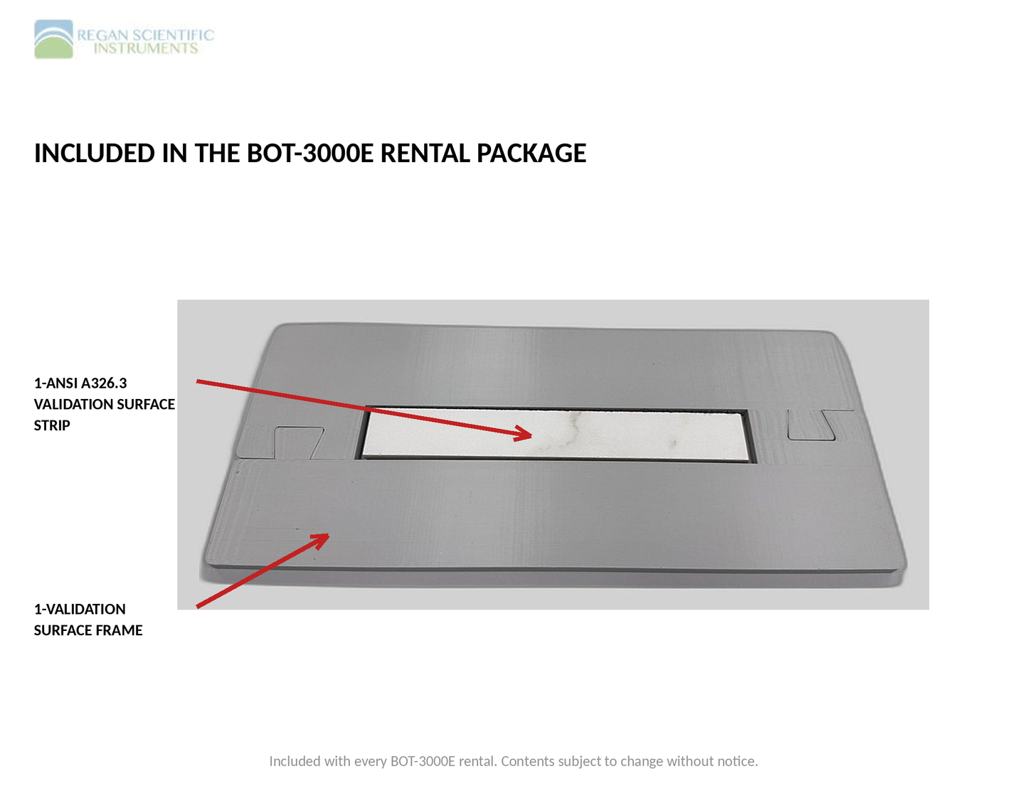 ANSI A326.3 validation surface strip and frame, included in the BOT-3000E rental package