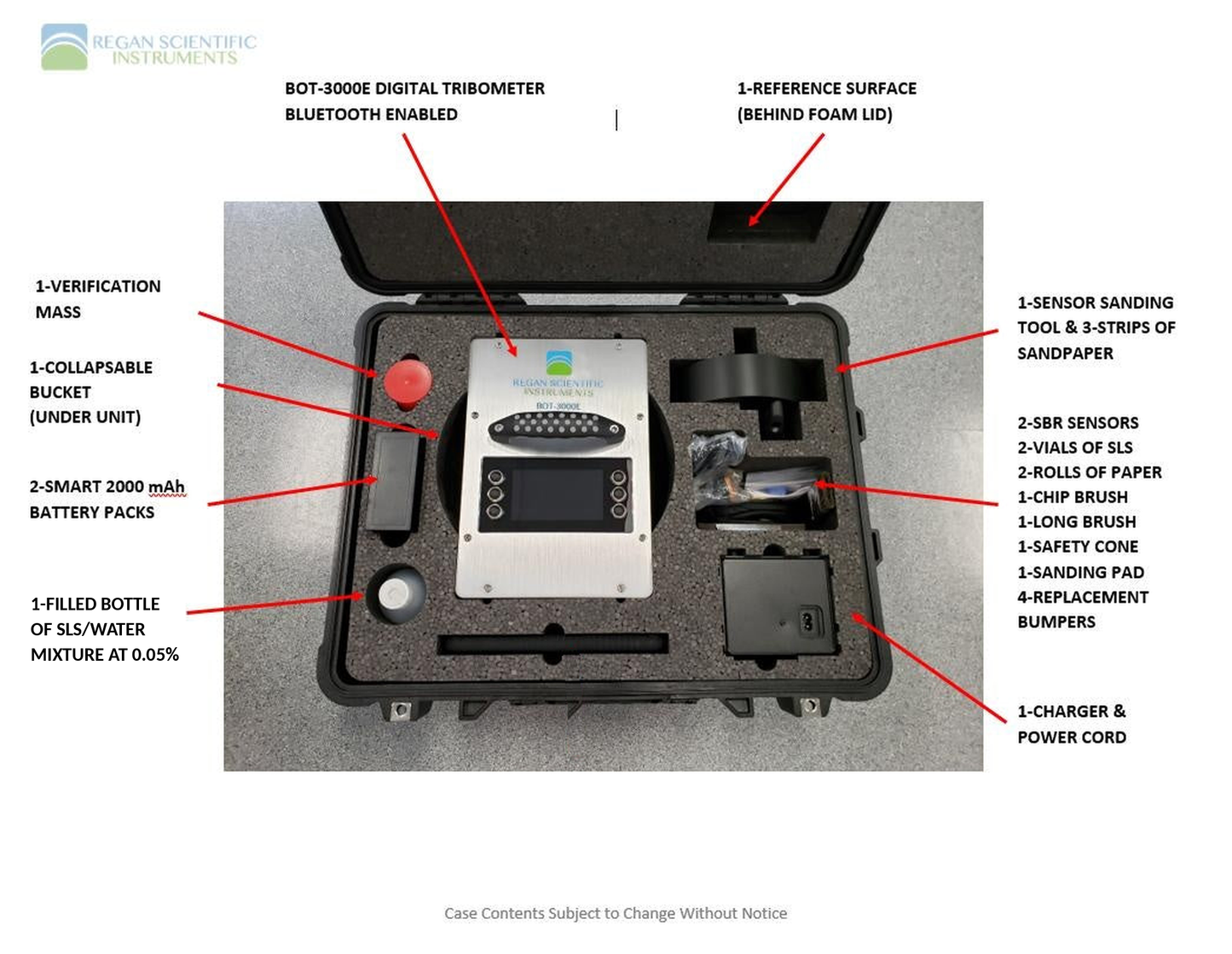 What is included in the BOT-3000E rental case, including one filled bottle of SLS and water mixture at 0.05 percent